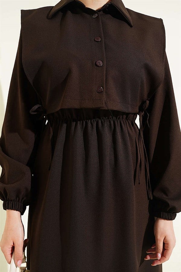 Button-down Bolero Dress with Elastic Waistband, Dark Brown
