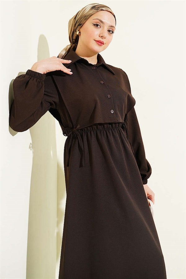 Button-down Bolero Dress with Elastic Waistband, Dark Brown