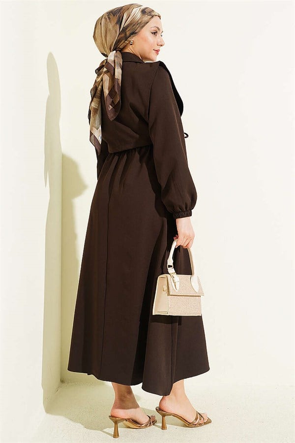 Button-down Bolero Dress with Elastic Waistband, Dark Brown