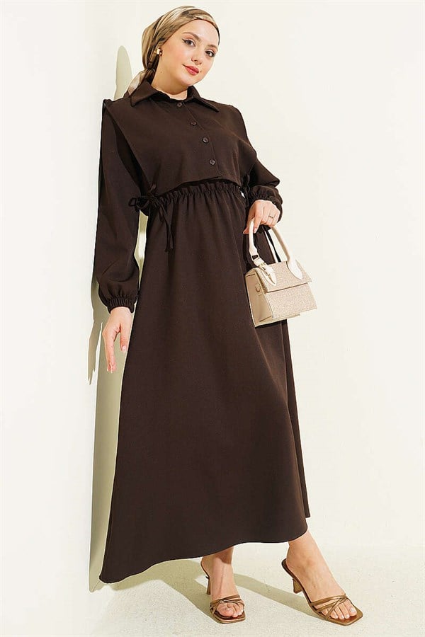 Button-down Bolero Dress with Elastic Waistband, Dark Brown