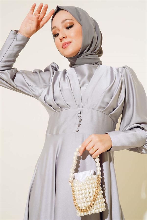 Button Detailed Zippered Ankle Dress Gray