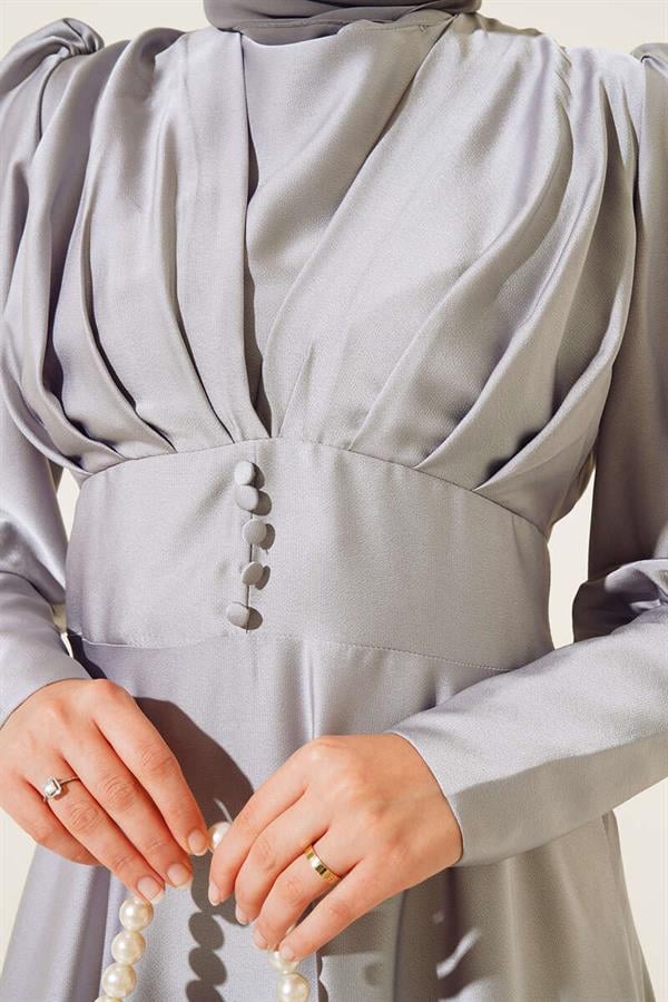 Button Detailed Zippered Ankle Dress Gray