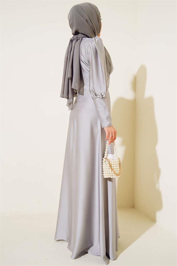 Button Detailed Zippered Ankle Dress Gray