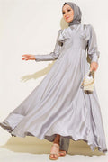 Button Detailed Zippered Ankle Dress Gray