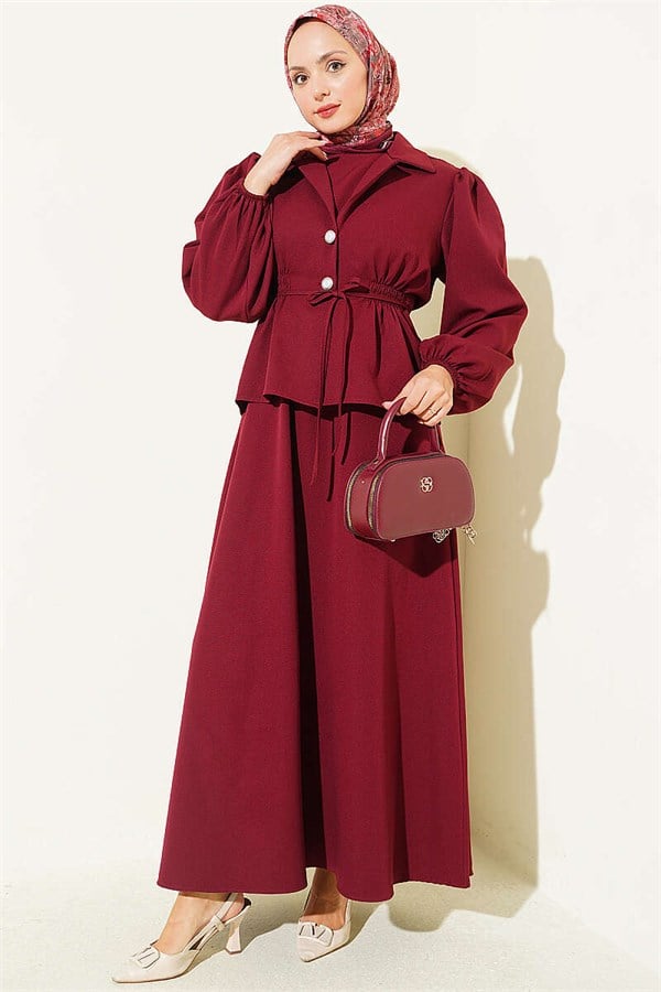 Button-Detail Jacket 2 Piece Set Burgundy