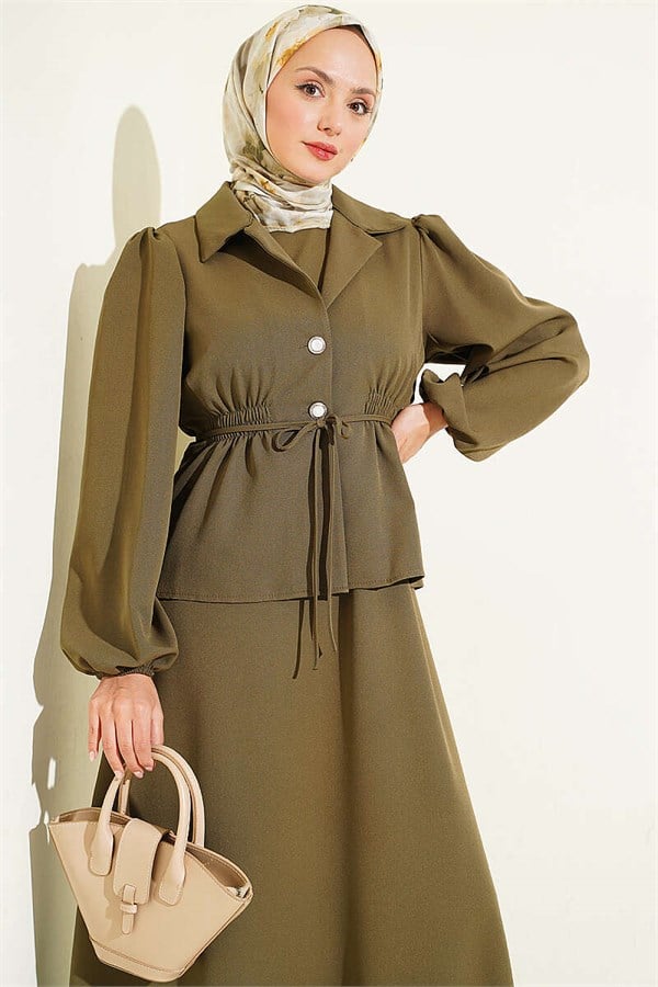 Button-Detail Jacket 2 Piece Set, Khaki