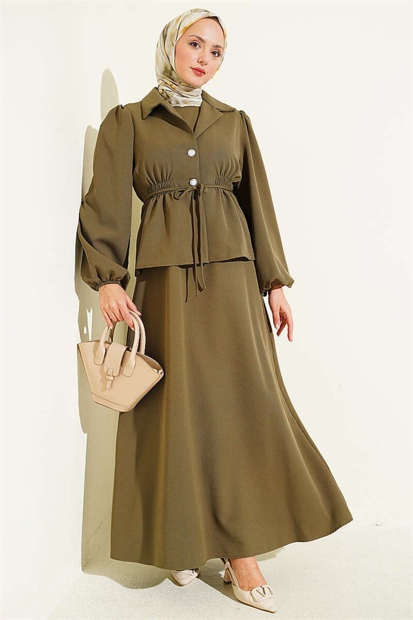 Button-Detail Jacket 2 Piece Set, Khaki