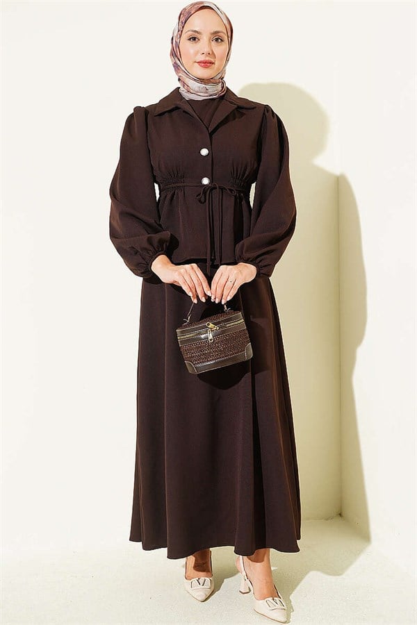 Button-Detail Jacket 2 Piece Set, Coffee