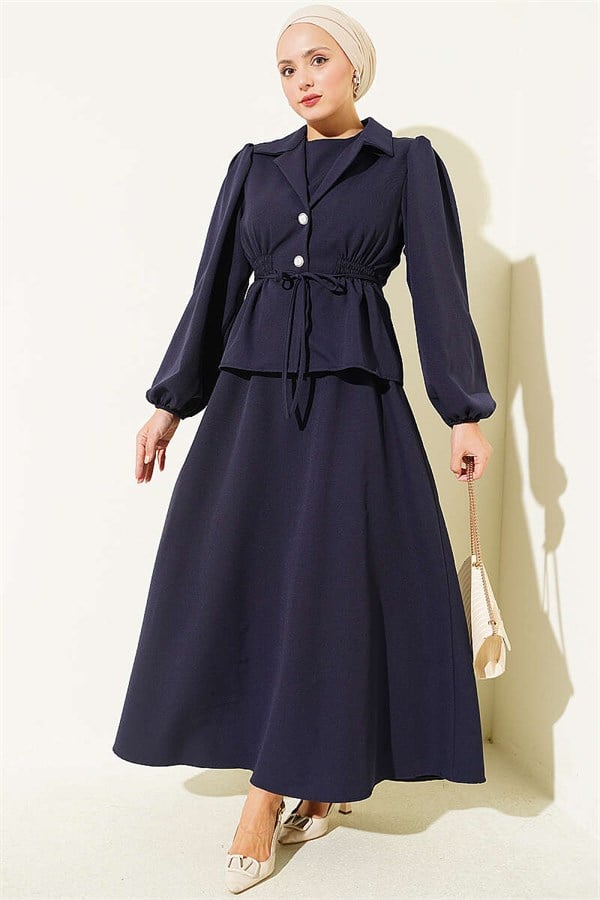 Button-Detail Jacket 2 Piece Set Navy Blue