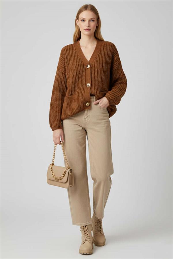 Button Detailed Pocket Knit Cardigan Latte