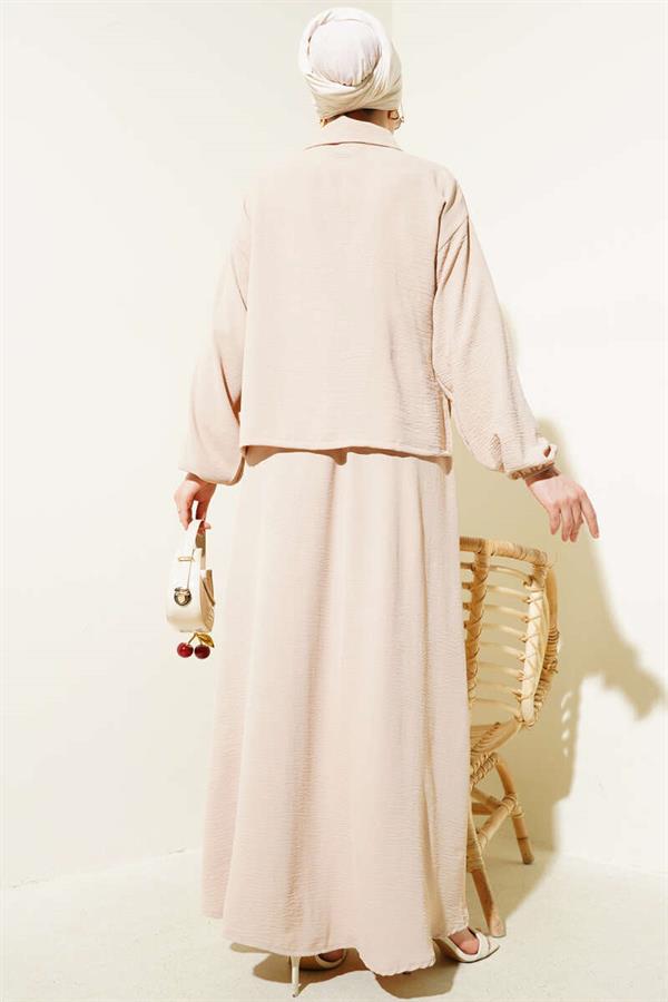 Button Detailed Zippered Aerobin Vest 2 Piece Set Beige