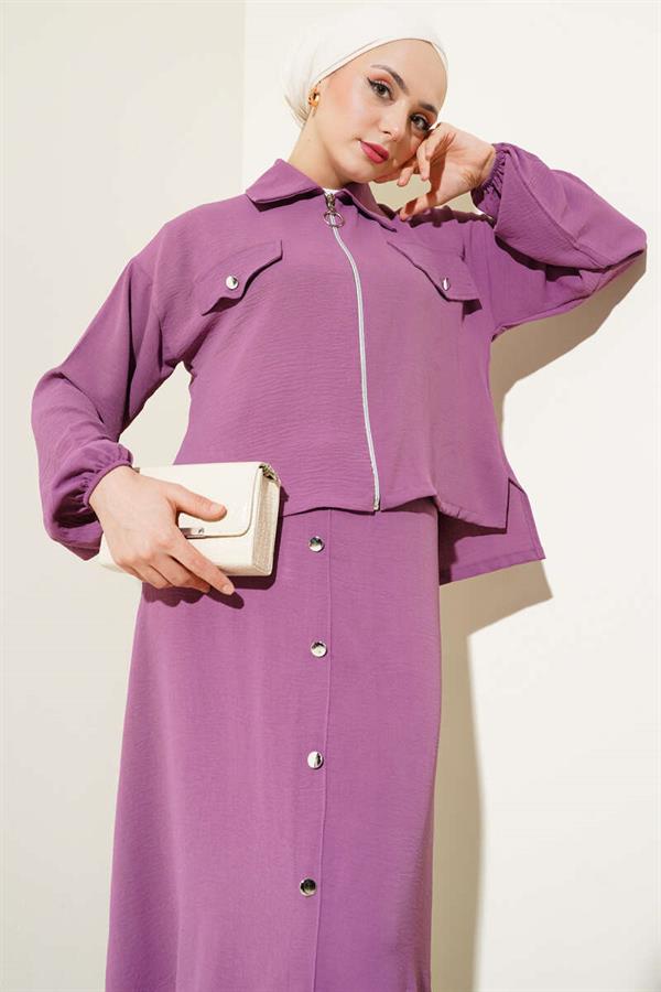 Button Detailed Zippered Aerobin Vest 2 Piece Set Magenta