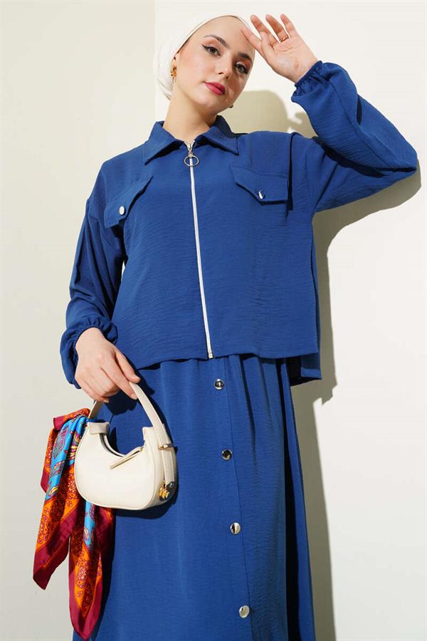 Button Detailed Zippered Aerobin Vest 2 Piece Set Indigo