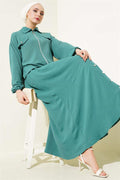 Button Detailed Zippered Aerobin Vest 2 Piece Set Green