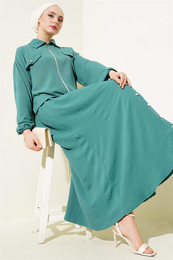 Button Detailed Zippered Aerobin Vest 2 Piece Set Green