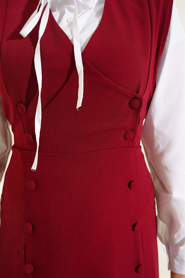 Button-Detail Shirt and Vest 2 Piece Set, Burgundy