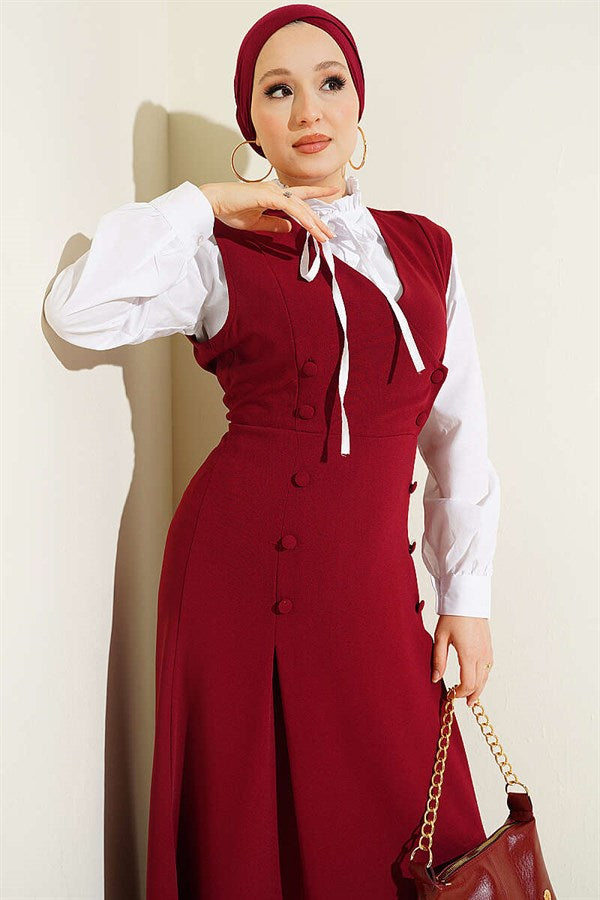 Button-Detail Shirt and Vest 2 Piece Set, Burgundy