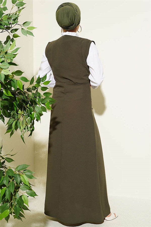 Button-Detail Shirt and Vest 2 Piece Set, Khaki