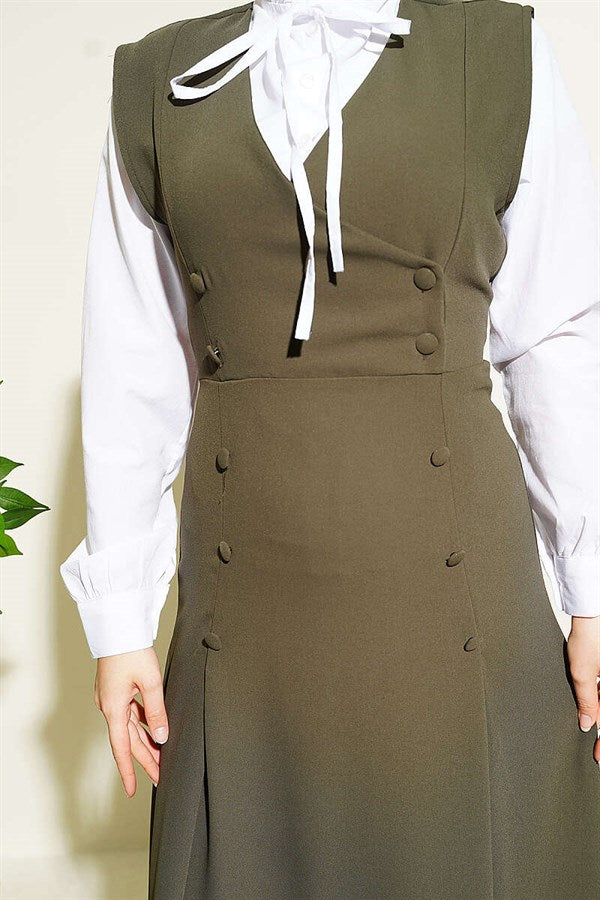 Button-Detail Shirt and Vest 2 Piece Set, Khaki