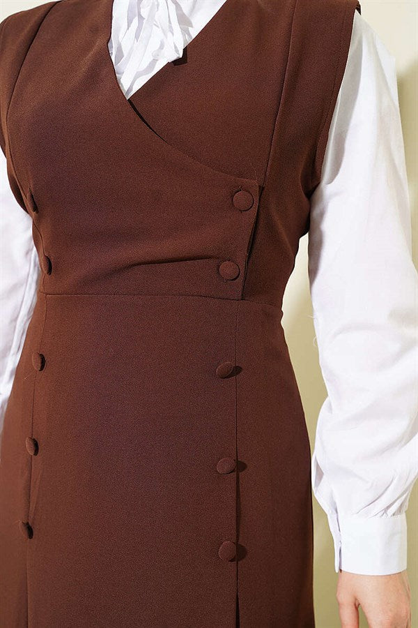 Button-Detail Shirt and Vest 2 Piece Set in Coffee Brown