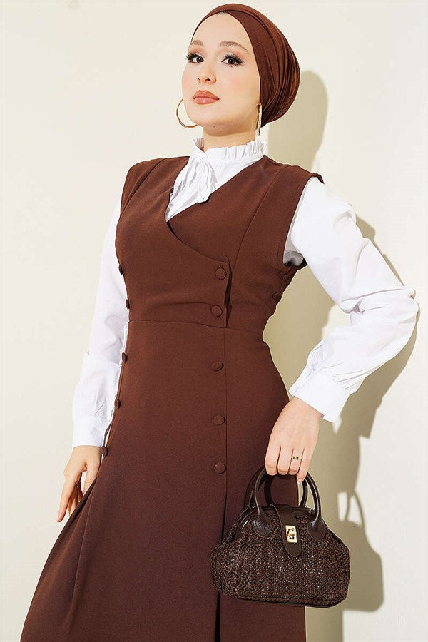 Button-Detail Shirt and Vest 2 Piece Set in Coffee Brown
