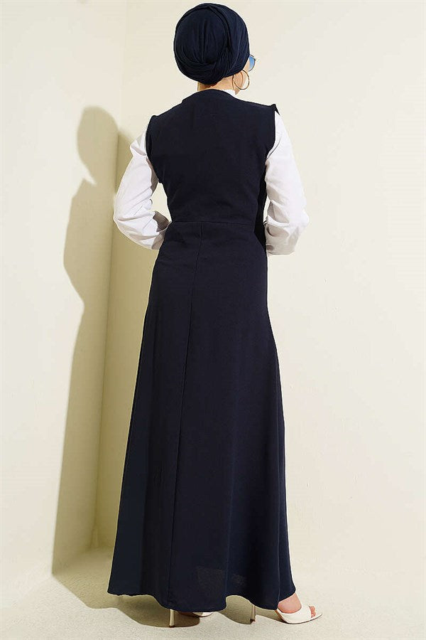 Button-Detail Shirt and Vest 2 Piece Set, Navy Blue