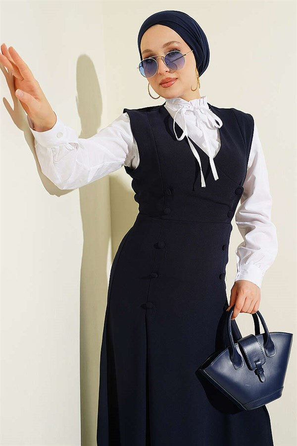 Button-Detail Shirt and Vest 2 Piece Set, Navy Blue