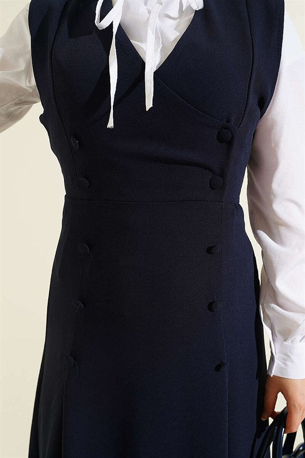 Button-Detail Shirt and Vest 2 Piece Set, Navy Blue