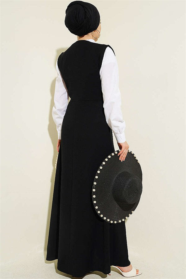 Button Detail Shirt and Vest 2 Piece Set, Black