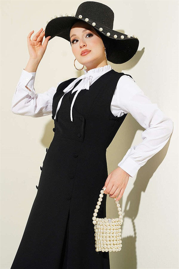 Button Detail Shirt and Vest 2 Piece Set, Black