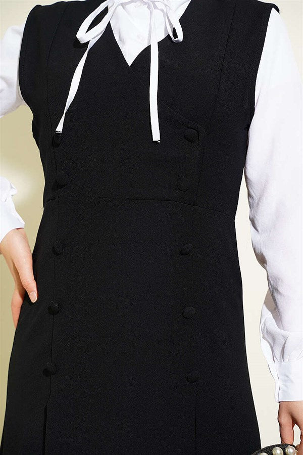 Button Detail Shirt and Vest 2 Piece Set, Black