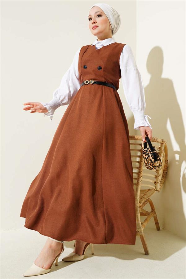 Button Detailed Belted Vest Dress Brown