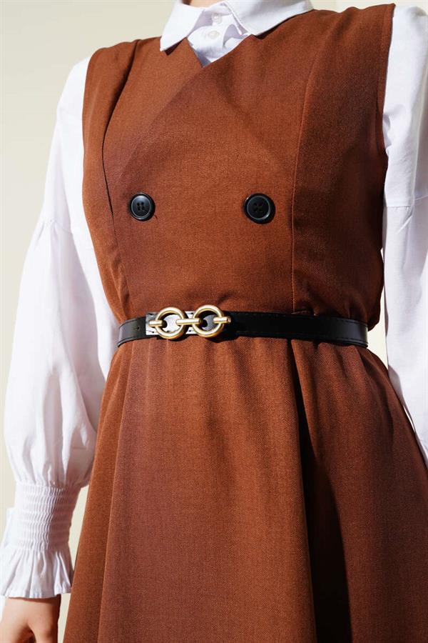 Button Detailed Belted Vest Dress Brown