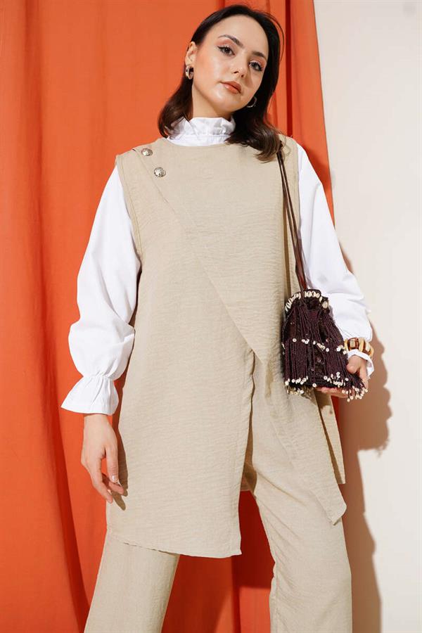 Button Detailed Belted 3 Piece Set Beige