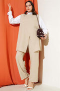 Button Detailed Belted 3 Piece Set Beige