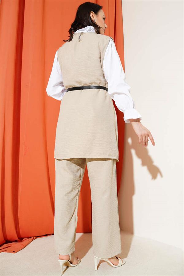 Button Detailed Belted 3 Piece Set Beige
