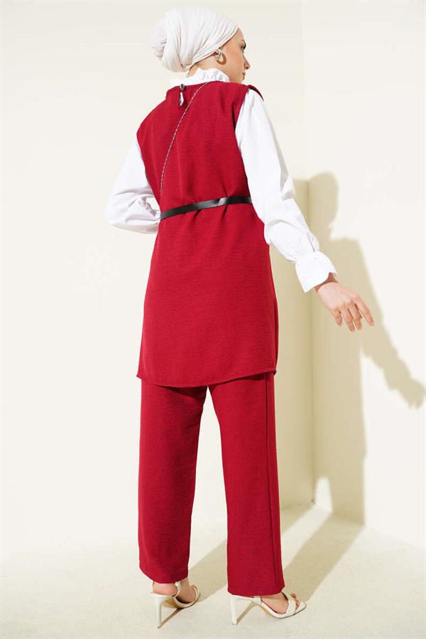 Button Detailed Belted 3 Piece Set Claret Red