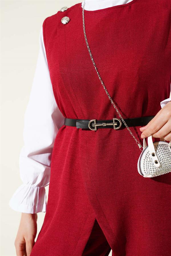 Button Detailed Belted 3 Piece Set Claret Red