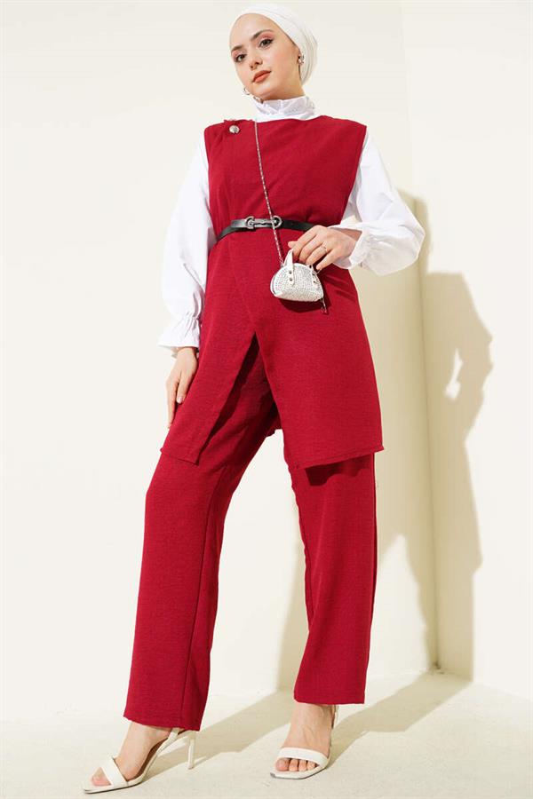 Button Detailed Belted 3 Piece Set Claret Red