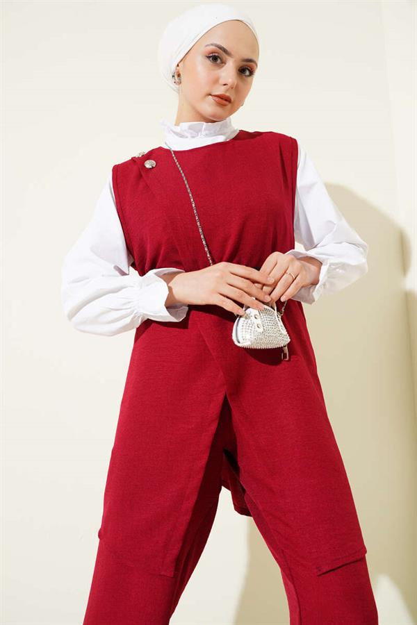 Button Detailed Belted 3 Piece Set Claret Red