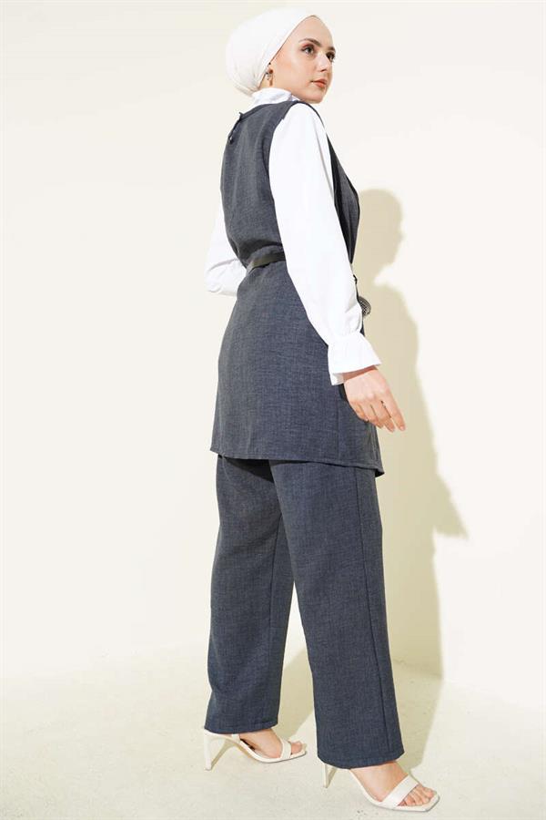 Button Detailed Belted 3 Piece Set Indigo