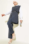 Button Detailed Belted 3 Piece Set Indigo