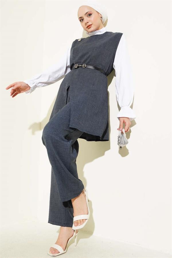 Button Detailed Belted 3 Piece Set Indigo