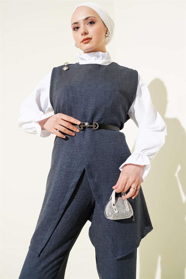 Button Detailed Belted 3 Piece Set Indigo