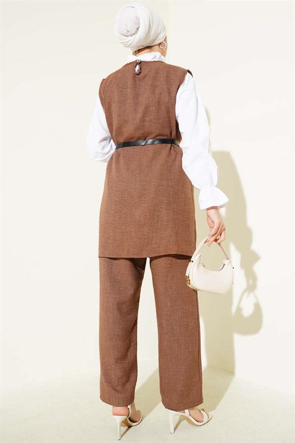 Button Detailed Belted 3 Piece Set Brown