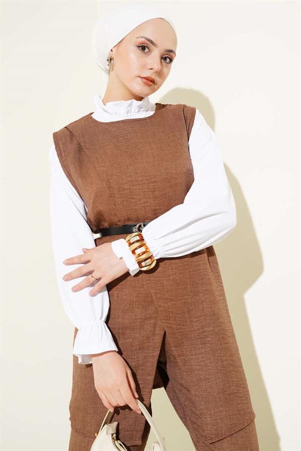 Button Detailed Belted 3 Piece Set Brown