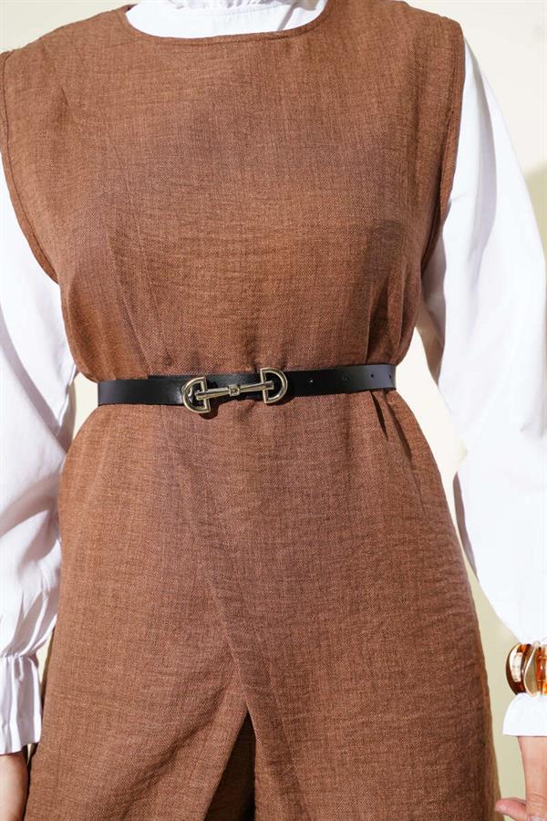 Button Detailed Belted 3 Piece Set Brown