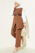 Button Detailed Belted 3 Piece Set Brown