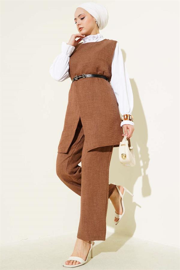 Button Detailed Belted 3 Piece Set Brown
