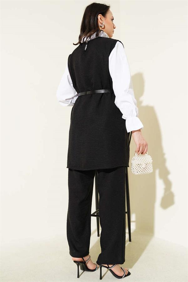 Button Detailed Belted 3 Piece Set Black